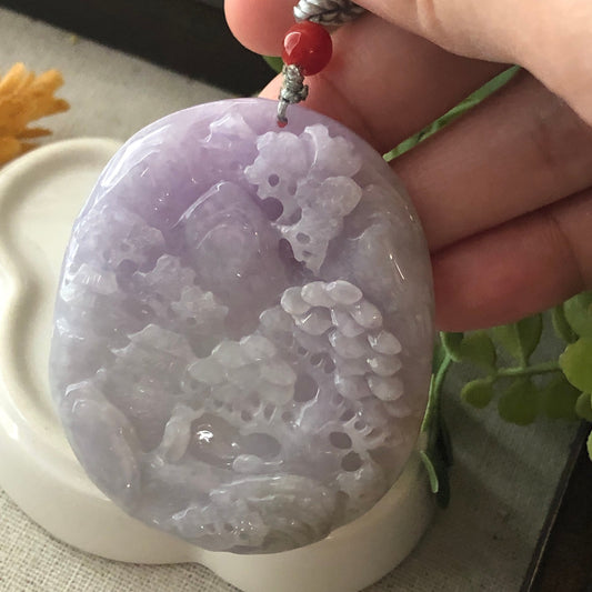 58mm Jadeite Jade Lavender Carved Landscape Scenery Pendant