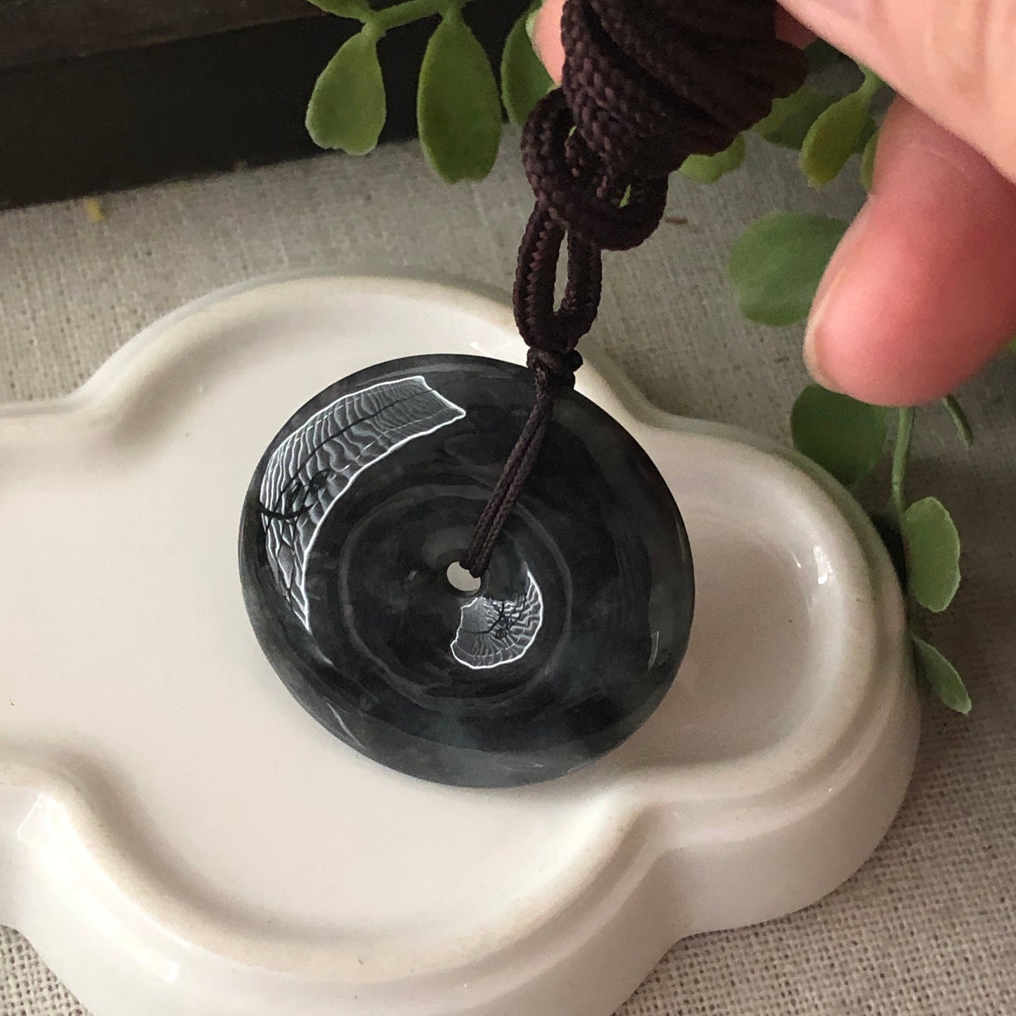 34mm Wuji Black Jadeite Jade Peace Donut Pendant