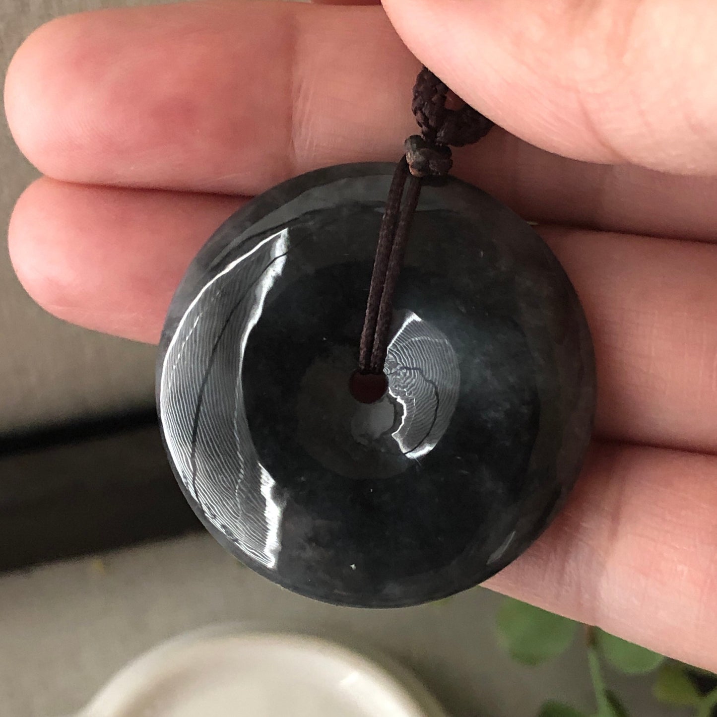 34mm Wuji Black Jadeite Jade Peace Donut Pendant