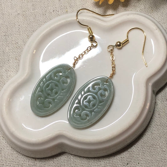 27.2 mm Tint Green Carved Jadeite Jade Dangling Earrings 925 gold silver