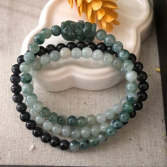 6mm Tri Color Gradient Jade Jadeite Pixiu Round Bead Necklace Bracelet