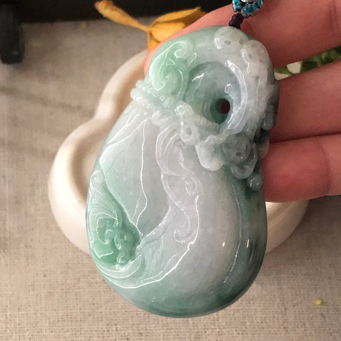 60 mm Icy Green Jadeite Jade Carved Money Bag Pendant