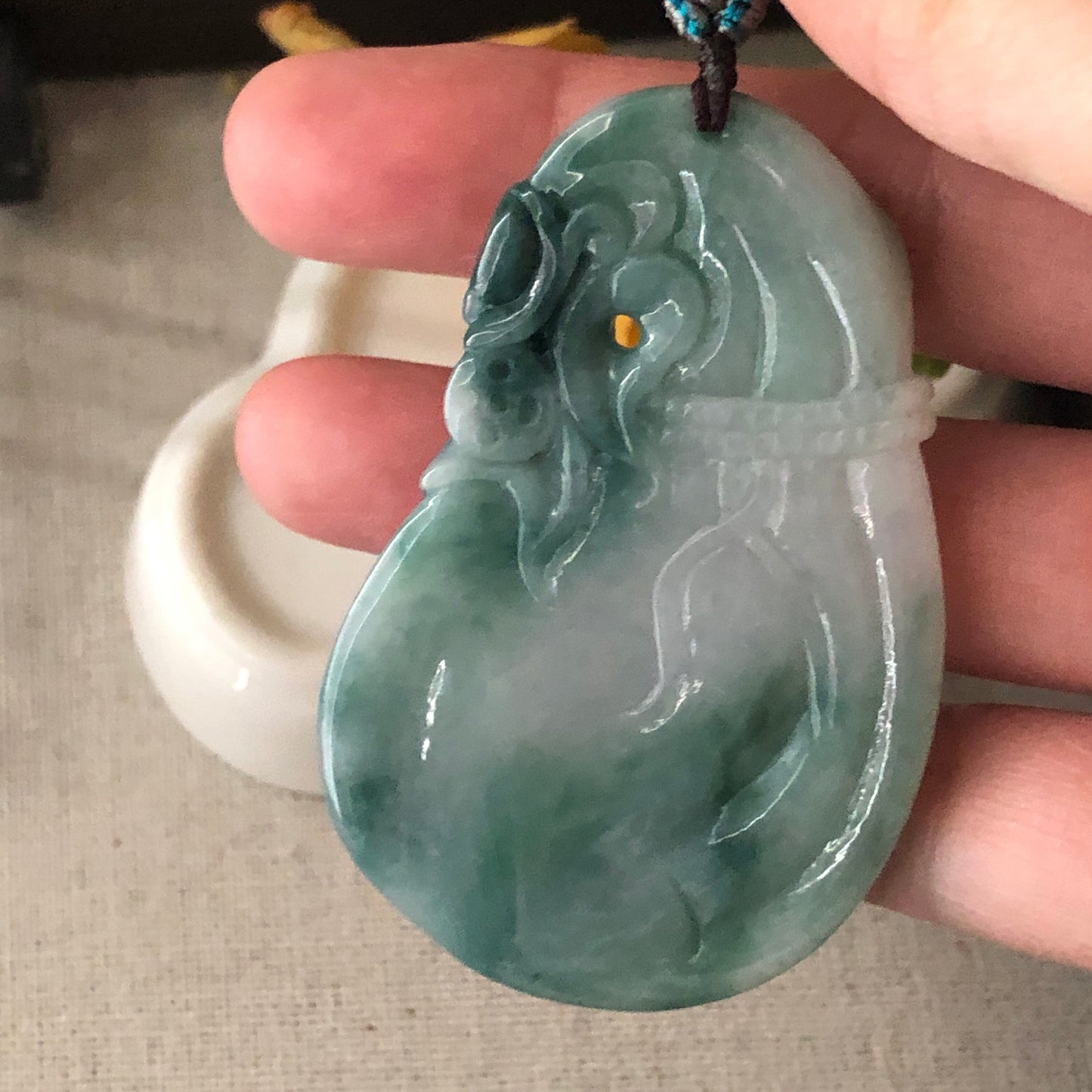 60 mm Icy Green Jadeite Jade Carved Money Bag Pendant
