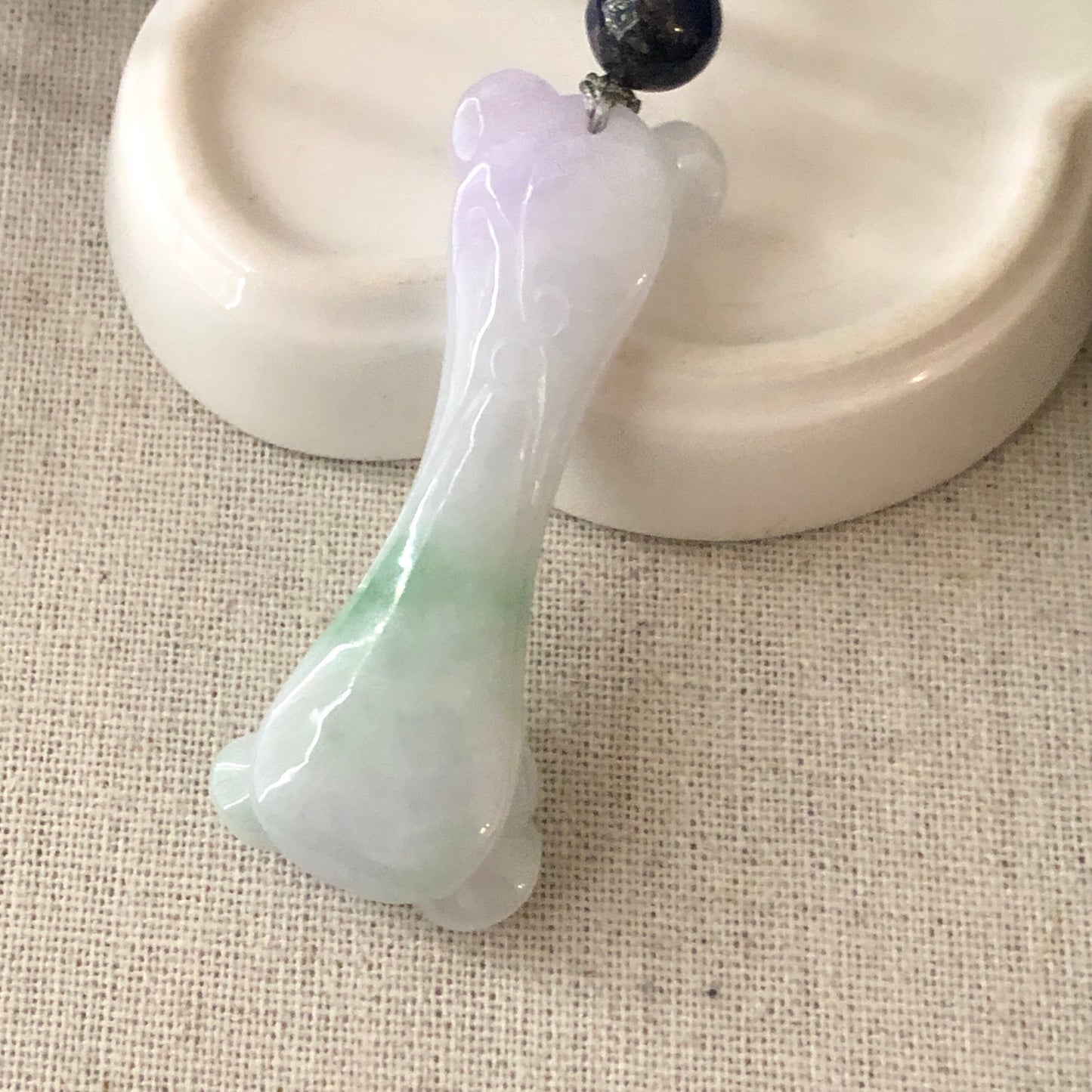 56.8 mm Icy Lavender Green Jadeite Jade Carved Duo Ruyi Pendant