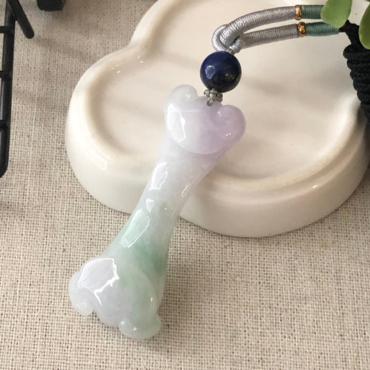 56.8 mm Icy Lavender Green Jadeite Jade Carved Duo Ruyi Pendant