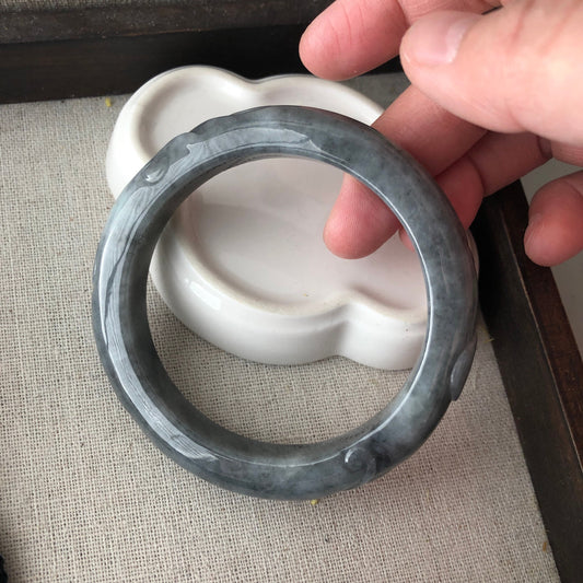 55.6 mm Jadeite Jade Icy Black Wuji Carved Ruyi Wave D-Shaped Bangle