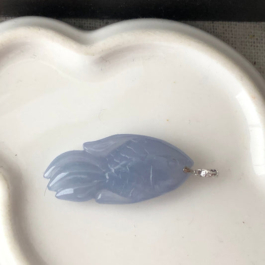 30mm Icy Blue Lavender Carved Fish Jadeite Jade Pendant 18K White Gold Bail