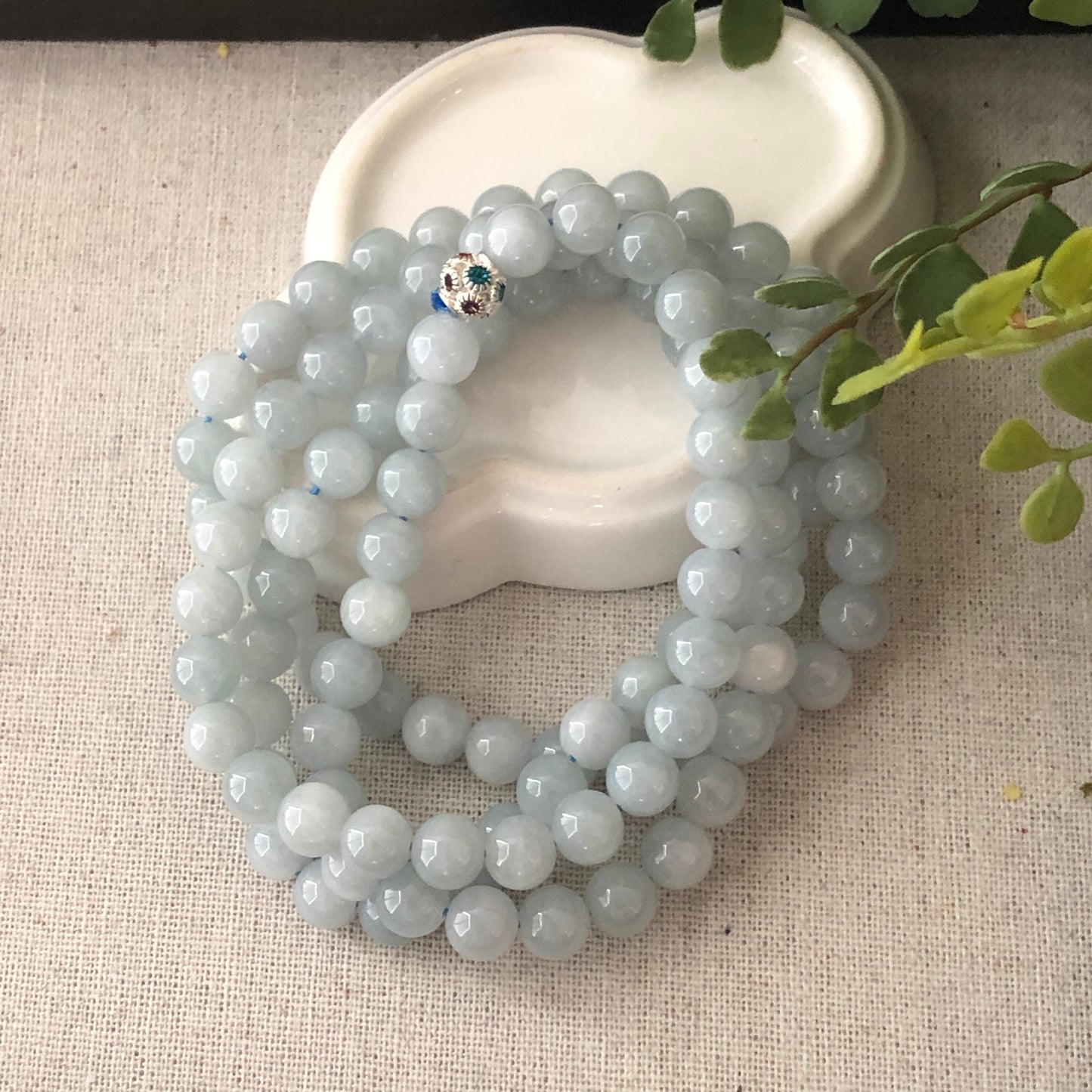 7.6mm Sky Blue Jadeite Jade Bead Bracelet Necklace