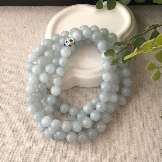 7.6mm Sky Blue Jadeite Jade Bead Bracelet Necklace