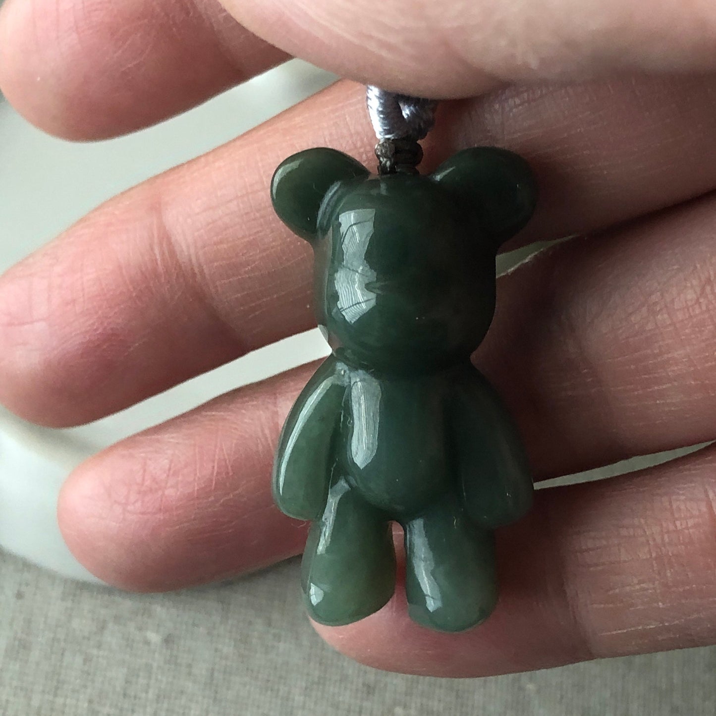 33.5mm Green Jadeite Jade Carved 3D Teddy Bear Pendant