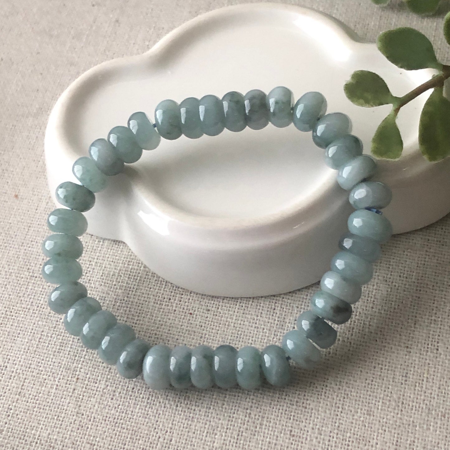 8 mm Jadeite Jade Blue Green Float Flowers Flat Bead Bracelet