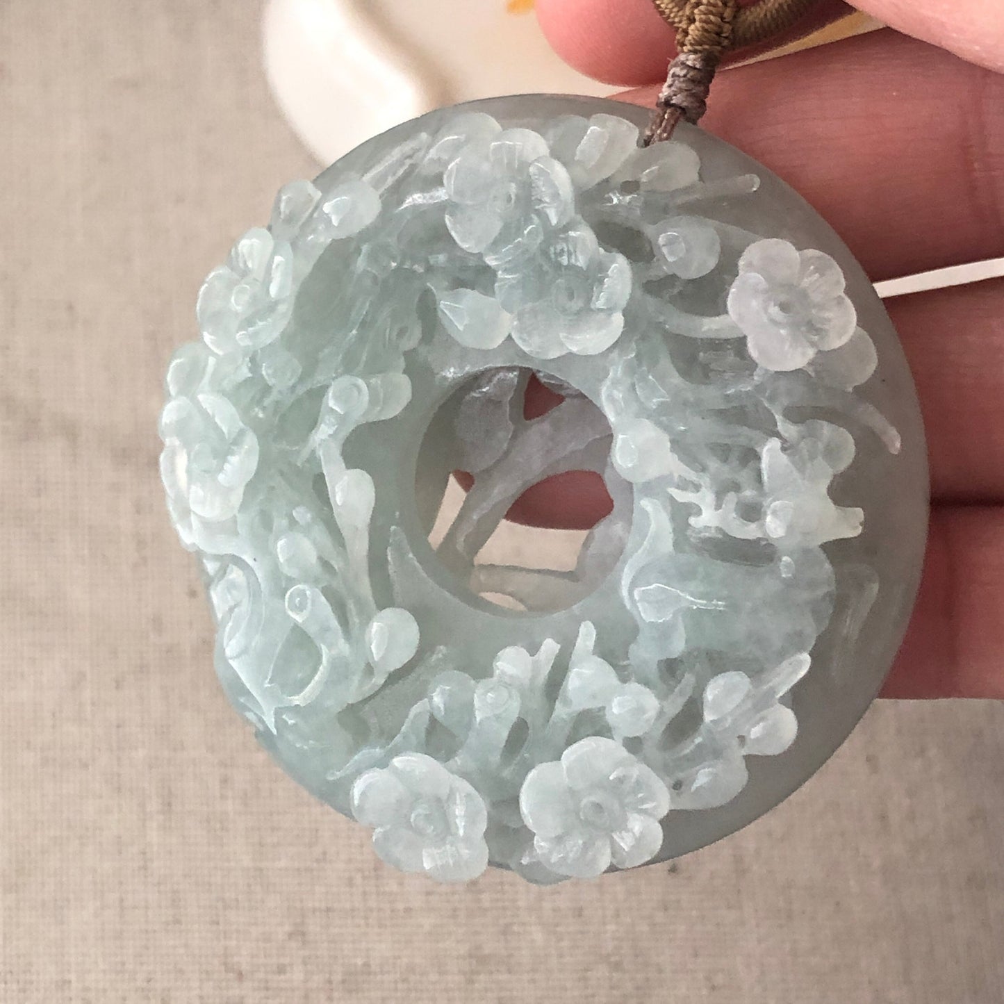 55.3 mm Jadeite Jade Icy Tint Green 3D Carved Flower Ruyi Pendant