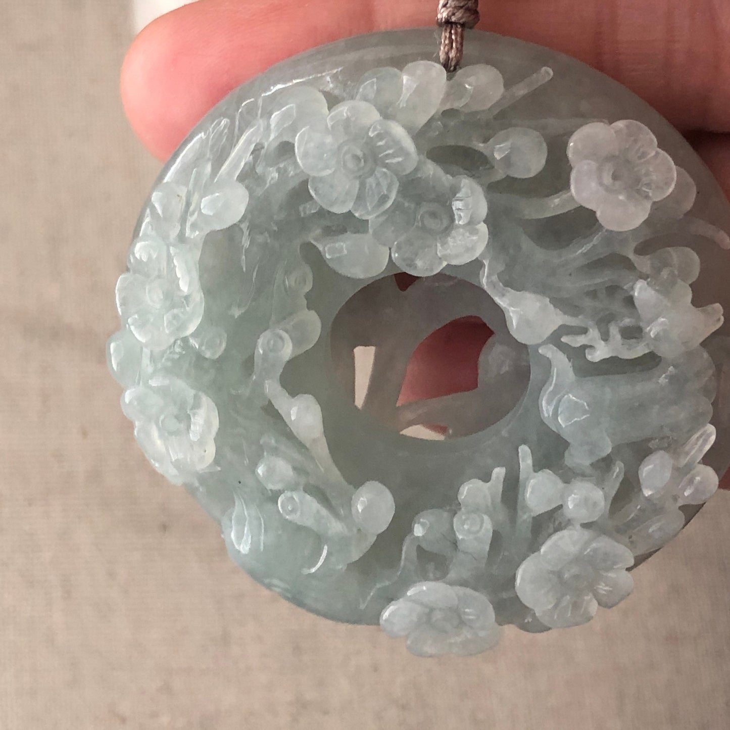 55.3 mm Jadeite Jade Icy Tint Green 3D Carved Flower Ruyi Pendant