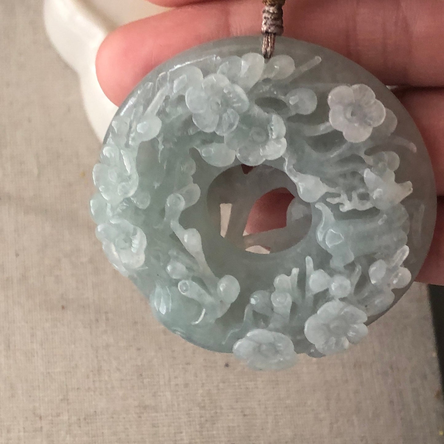 55.3 mm Jadeite Jade Icy Tint Green 3D Carved Flower Ruyi Pendant