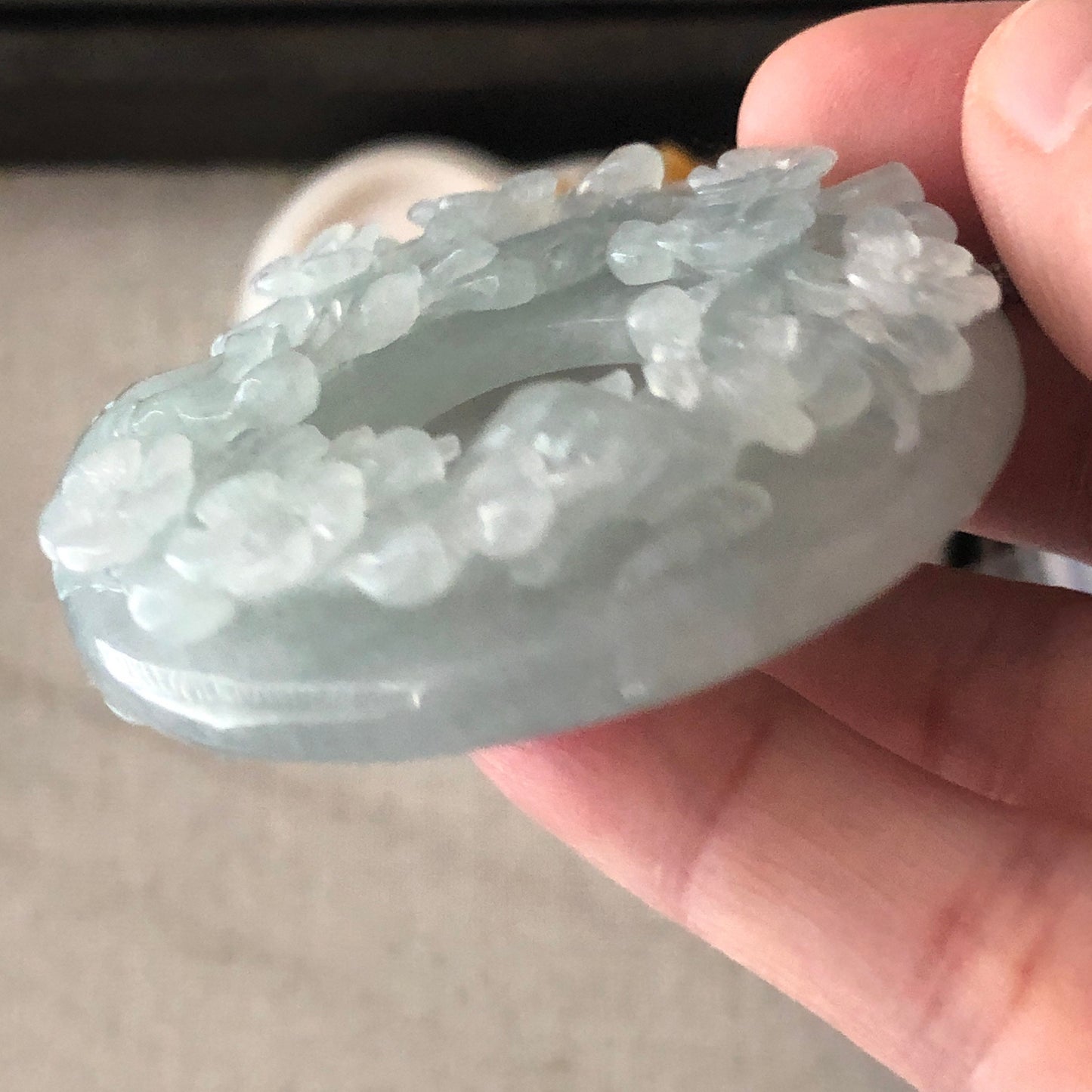 55.3 mm Jadeite Jade Icy Tint Green 3D Carved Flower Ruyi Pendant