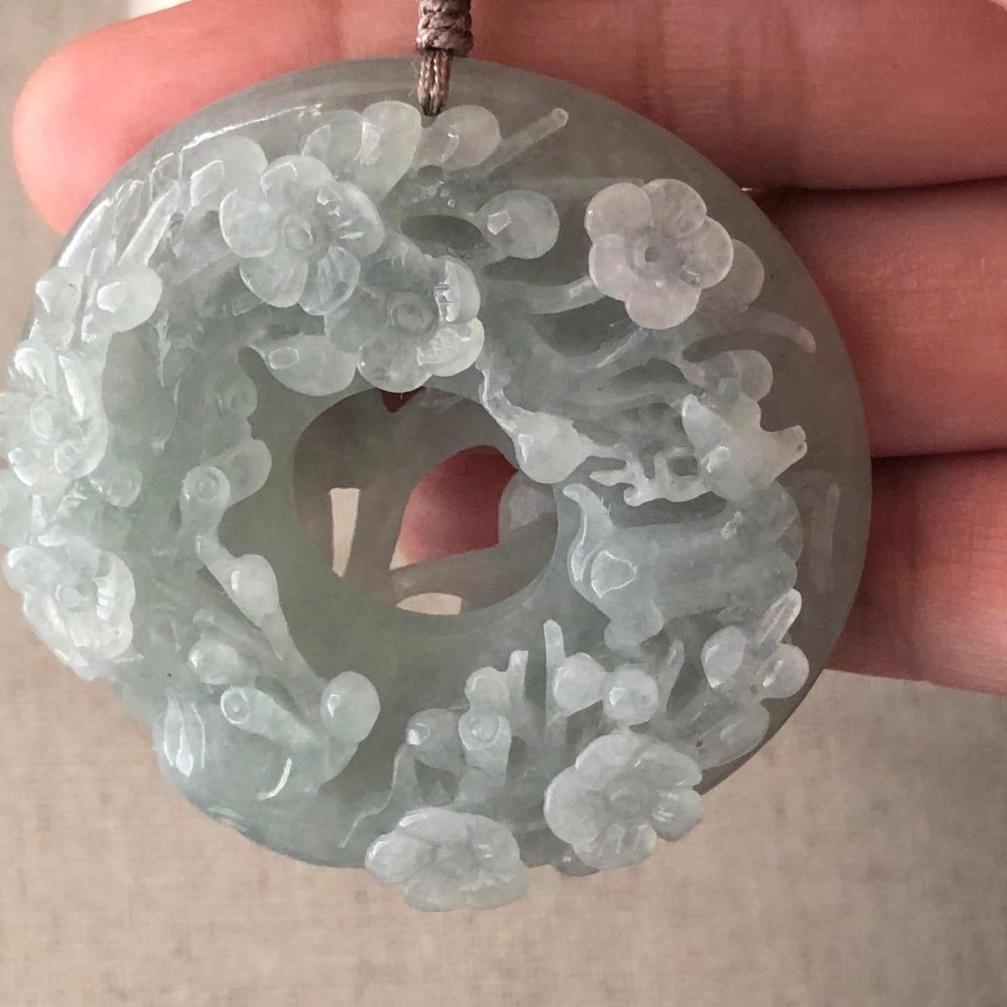 55.3 mm Jadeite Jade Icy Tint Green 3D Carved Flower Ruyi Pendant