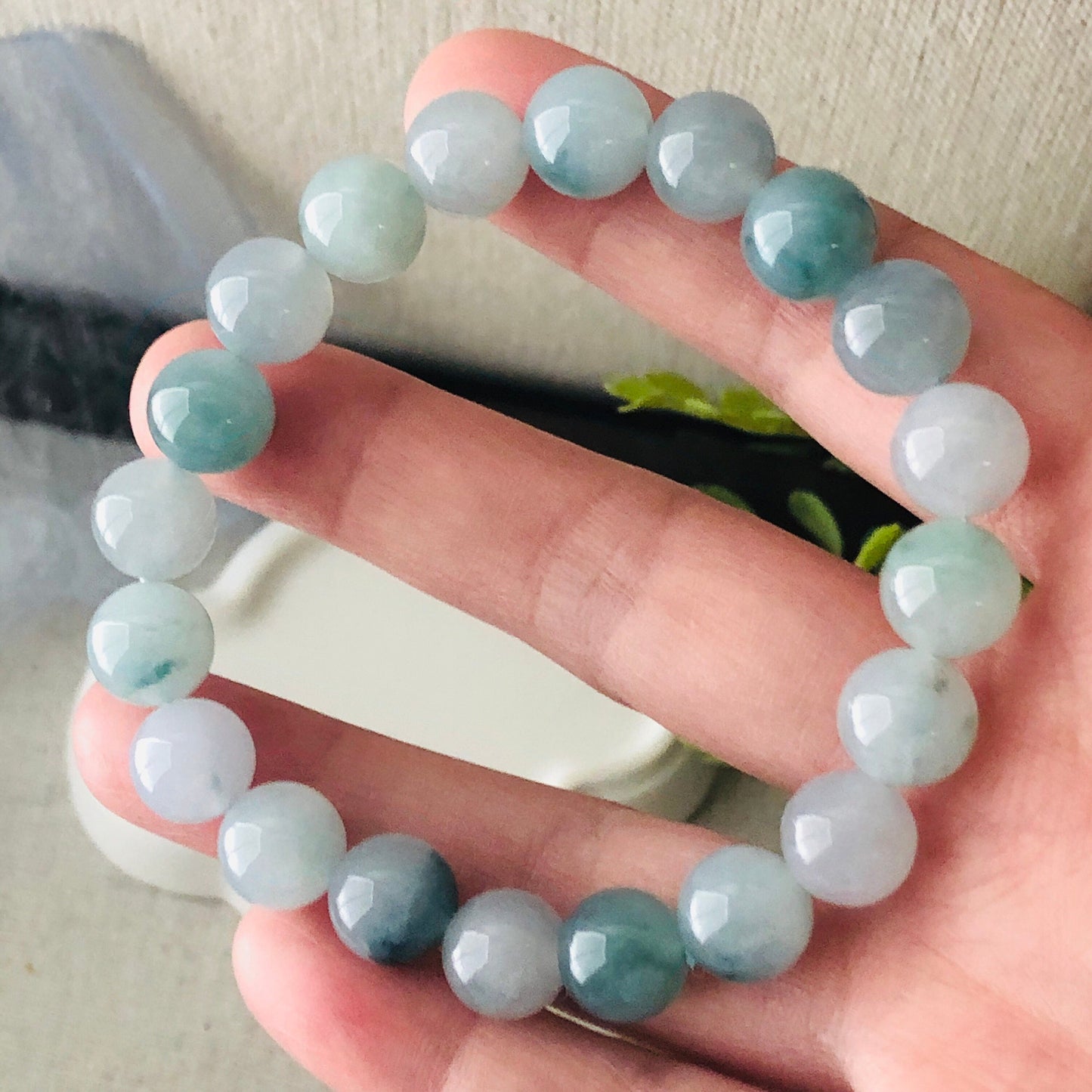 10 mm Icy Blue Green Float Flowers Jade Jadeite Bead Bracelet