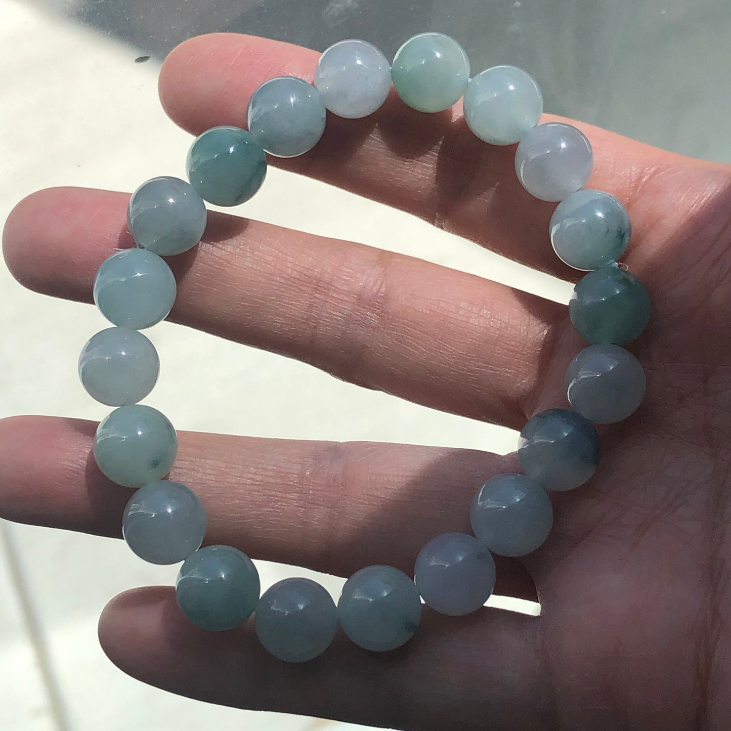 10 mm Icy Blue Green Float Flowers Jade Jadeite Bead Bracelet