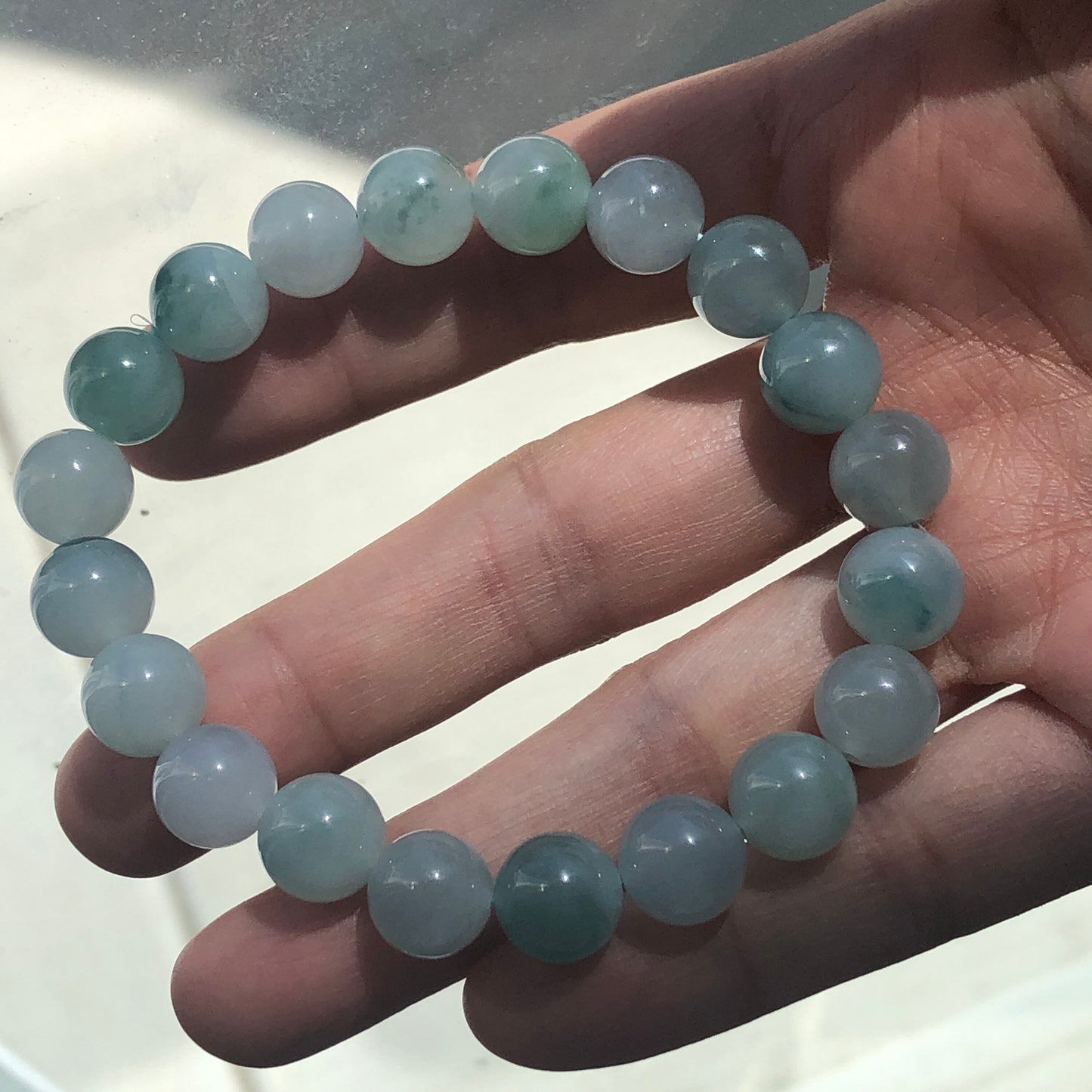 10 mm Icy Blue Green Float Flowers Jade Jadeite Bead Bracelet