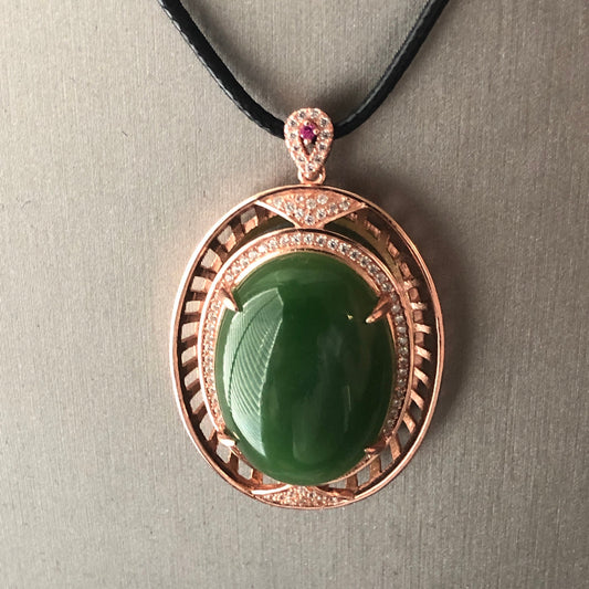25mm Hetian Jade Green Oval Cabochon  Pendant 925 rose gold setting