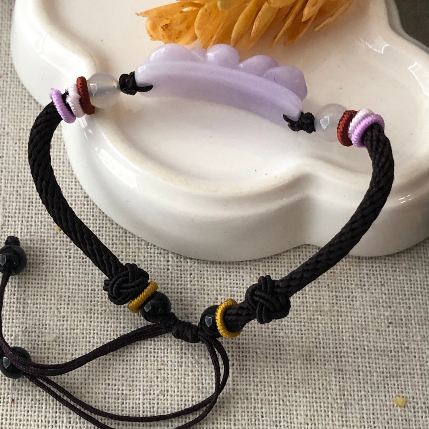 30 mm Icy Tint Lavender carved Flower Jadeite Jade Bracelet