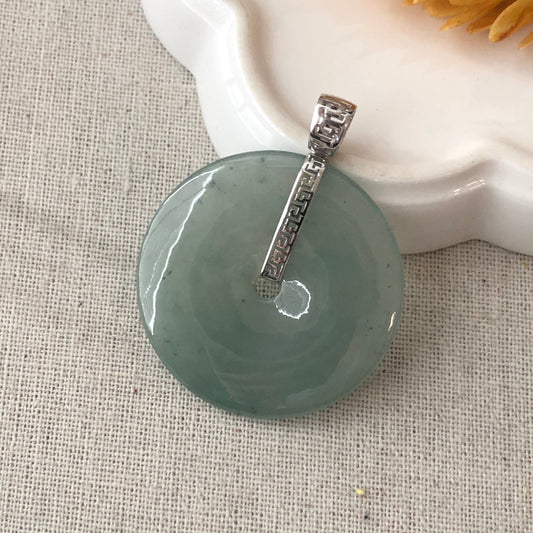 40mm 18K white gold bail Lake Water Green Jadeite Jade Peace Donut Pendant