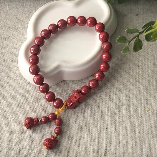 8 mm Cinnabar Bead Bracelet with Carved Pixiu Money Bag Charm