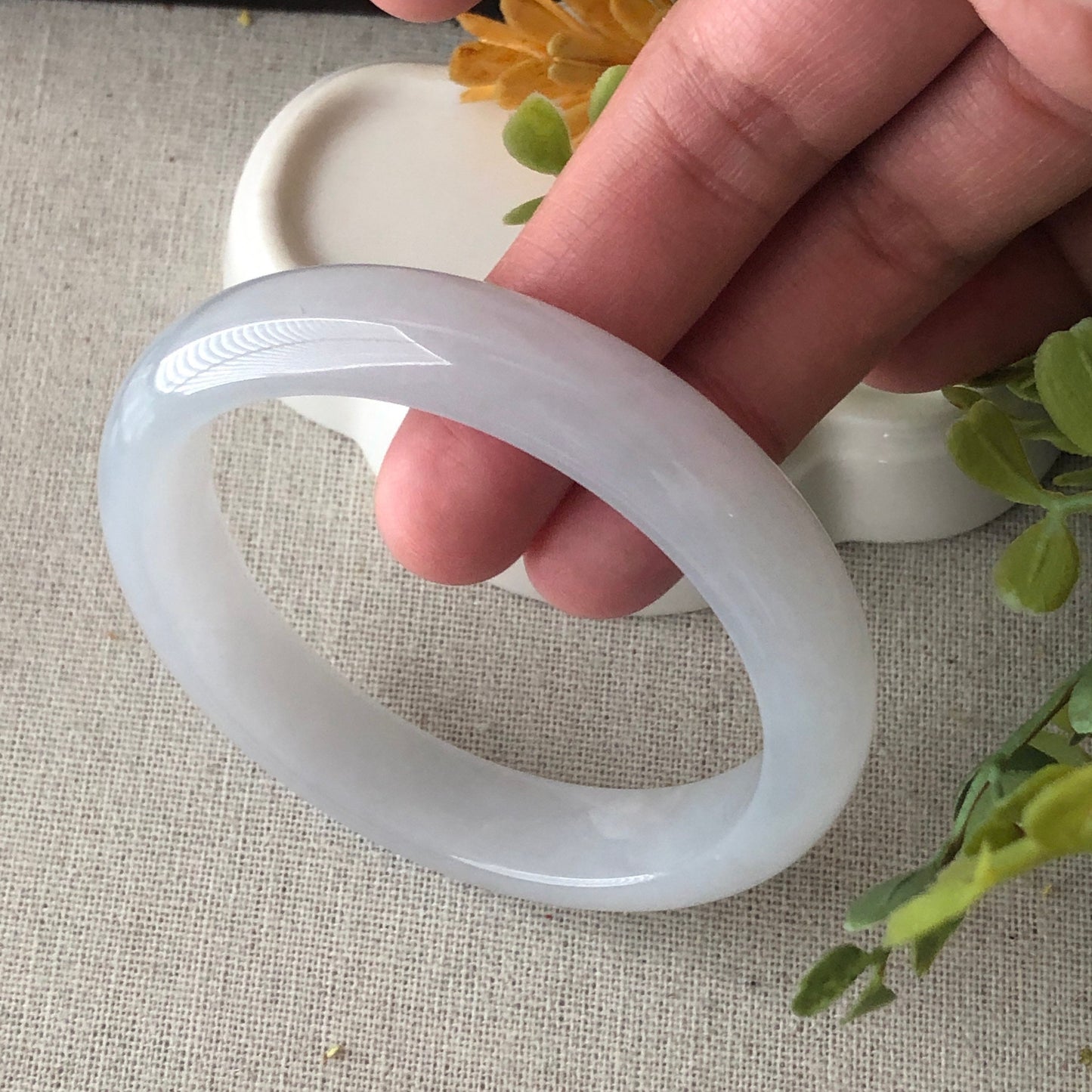 57mm Icy Glossy Translucent D-Shaped Jadeite Jade Bangle RARE