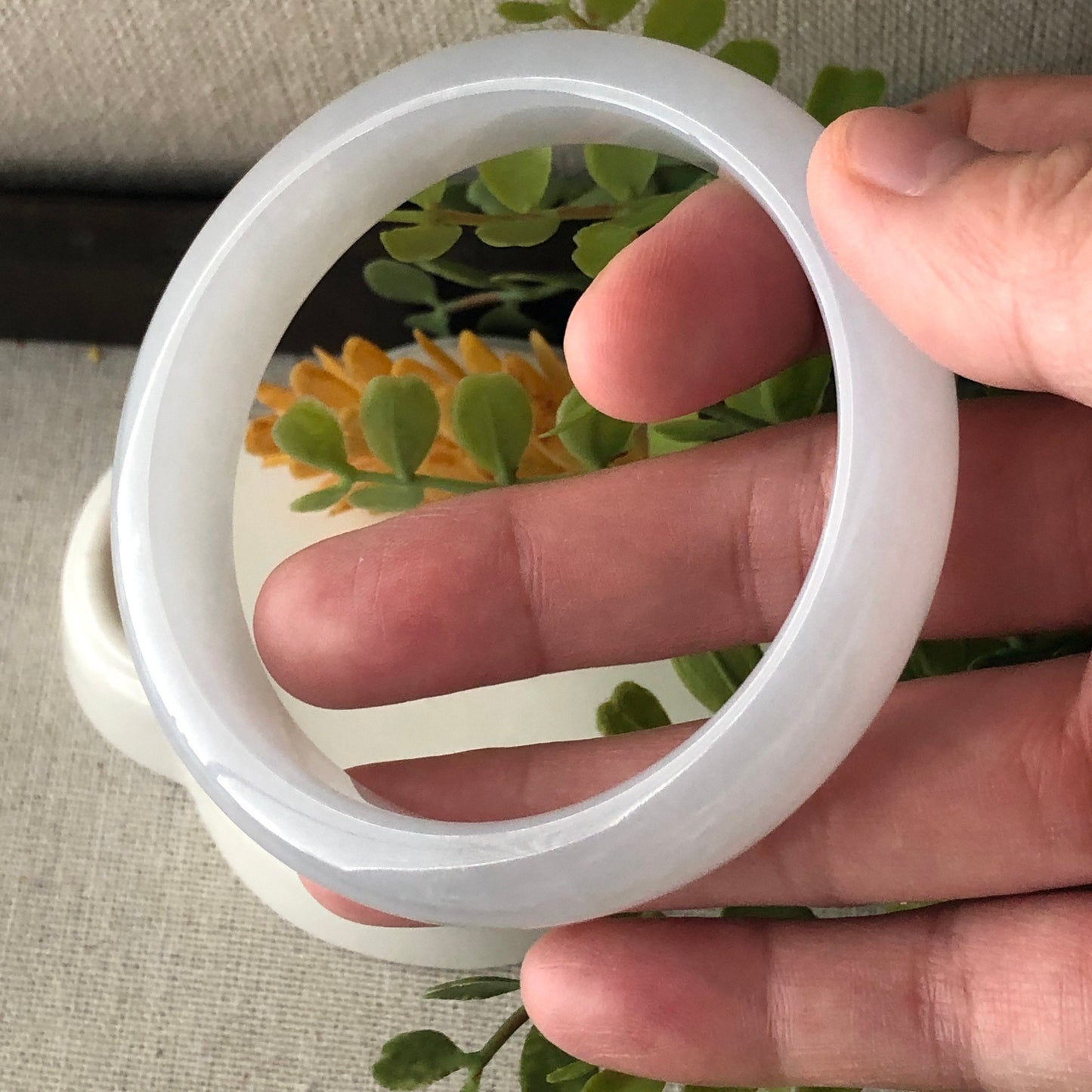 57mm Icy Glossy Translucent D-Shaped Jadeite Jade Bangle RARE