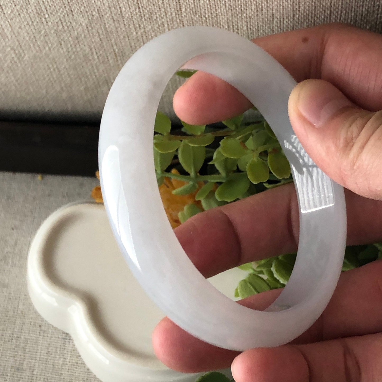 57mm Icy Glossy Translucent D-Shaped Jadeite Jade Bangle RARE