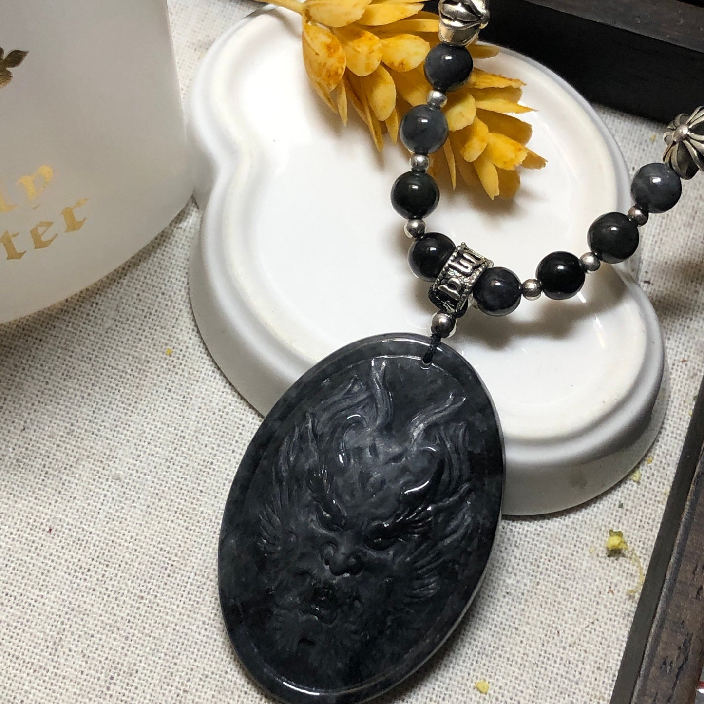 50 mm Icy Wuji Jadeite Jade Carved Dragon Head Pendant