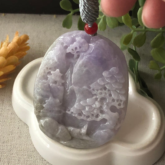56.4mm Jadeite Jade Lavender Carved Landscape Scenery Pendant