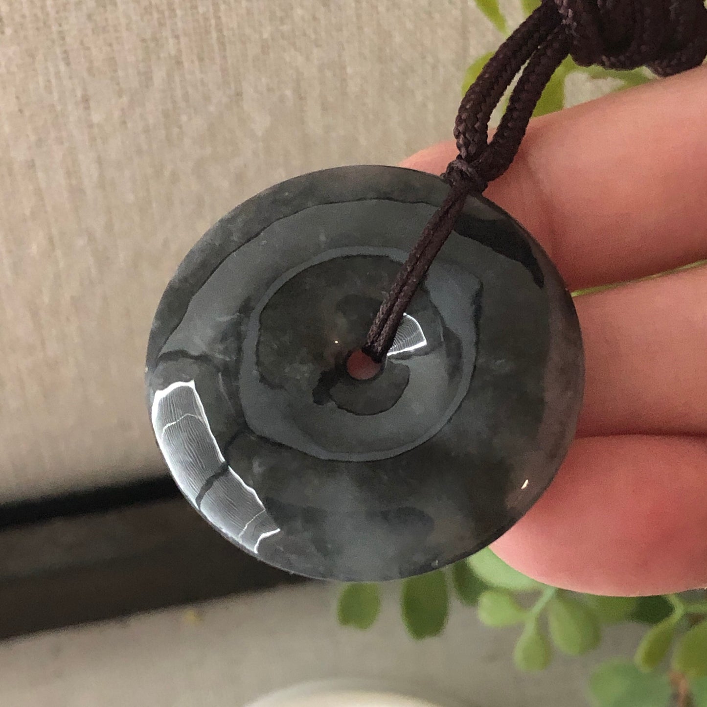 34mm Wuji Black Jadeite Jade Peace Donut Pendant