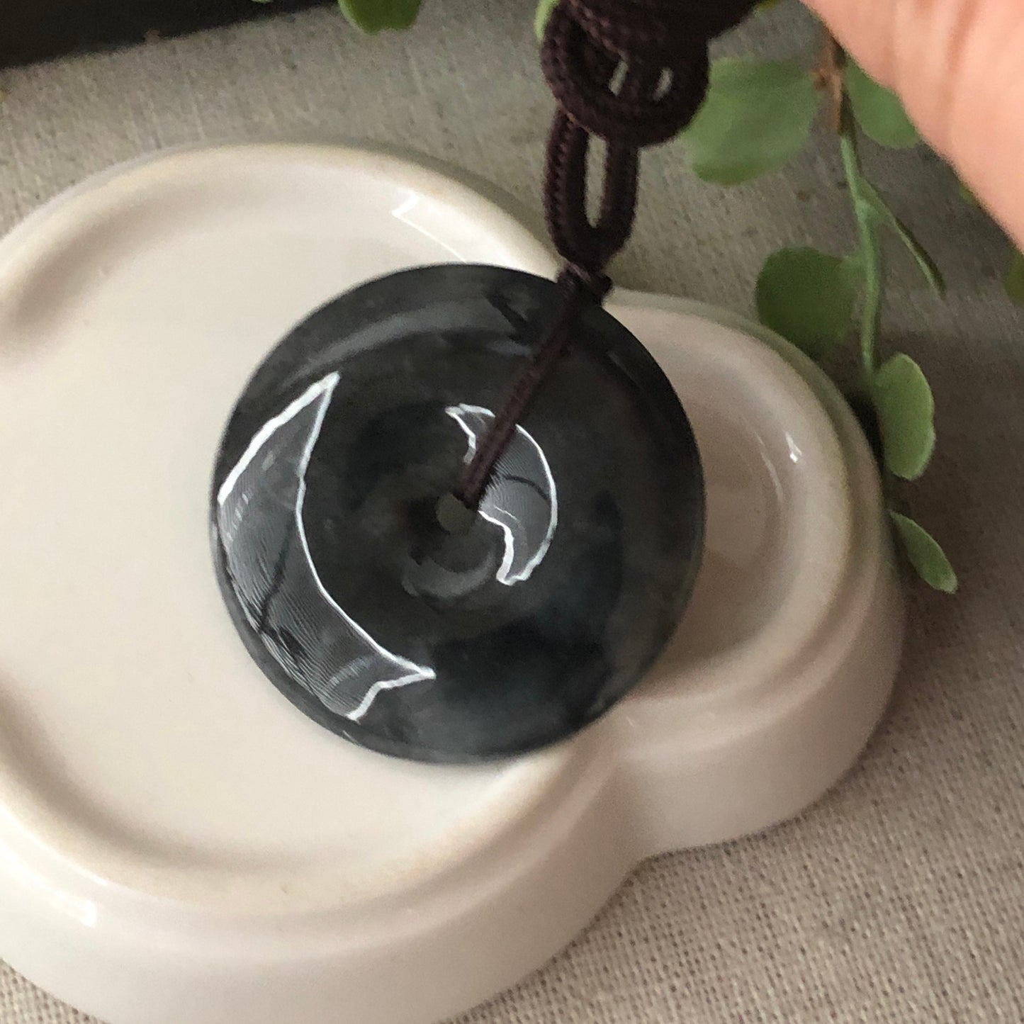 34mm Wuji Black Jadeite Jade Peace Donut Pendant