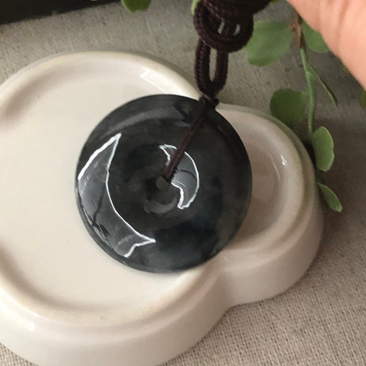 34mm Wuji Black Jadeite Jade Peace Donut Pendant