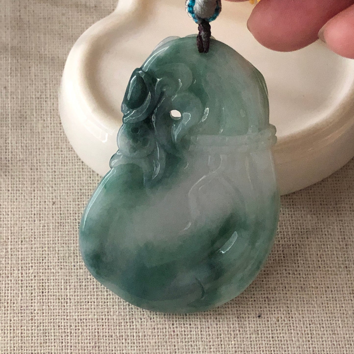 60 mm Icy Green Jadeite Jade Carved Money Bag Pendant