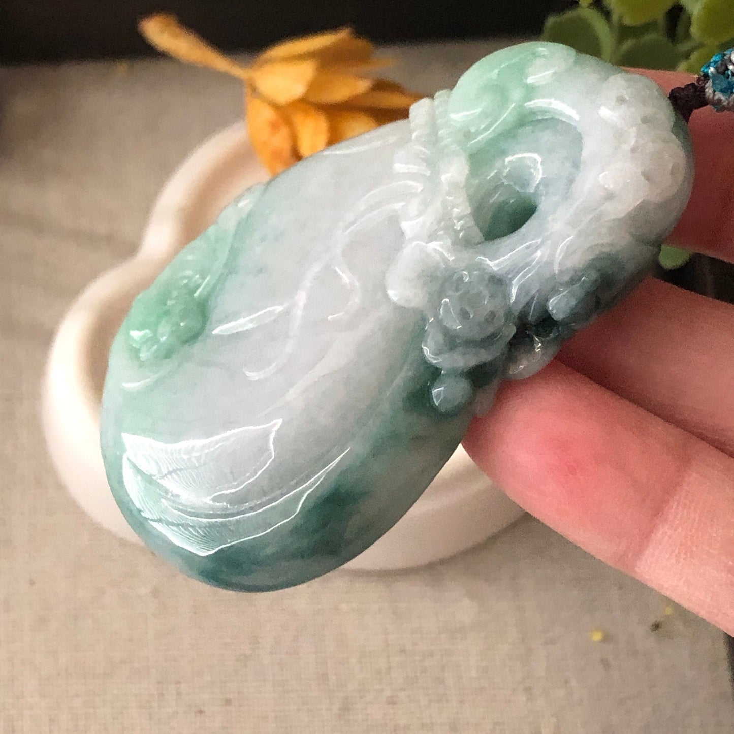 60 mm Icy Green Jadeite Jade Carved Money Bag Pendant