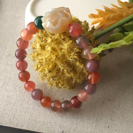 8.2mm Assorted Agate Grade A Natural Bead Bracelet Health Circulation Red Pink Tone with Carved Flower
