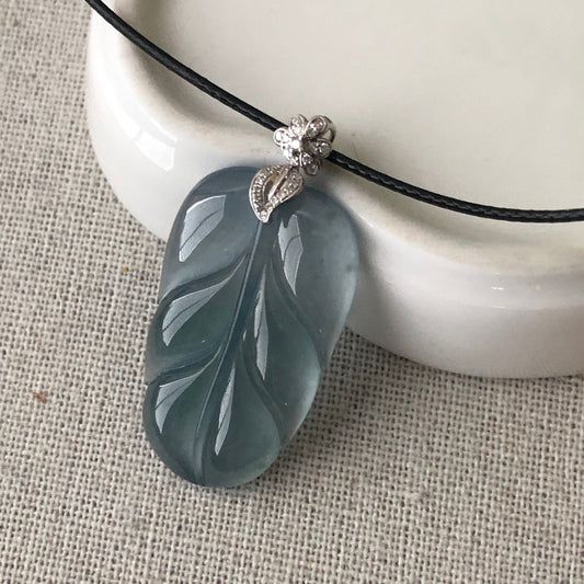 18K White Gold Blue Green Carved Leaf Jadeite Jade Pendant