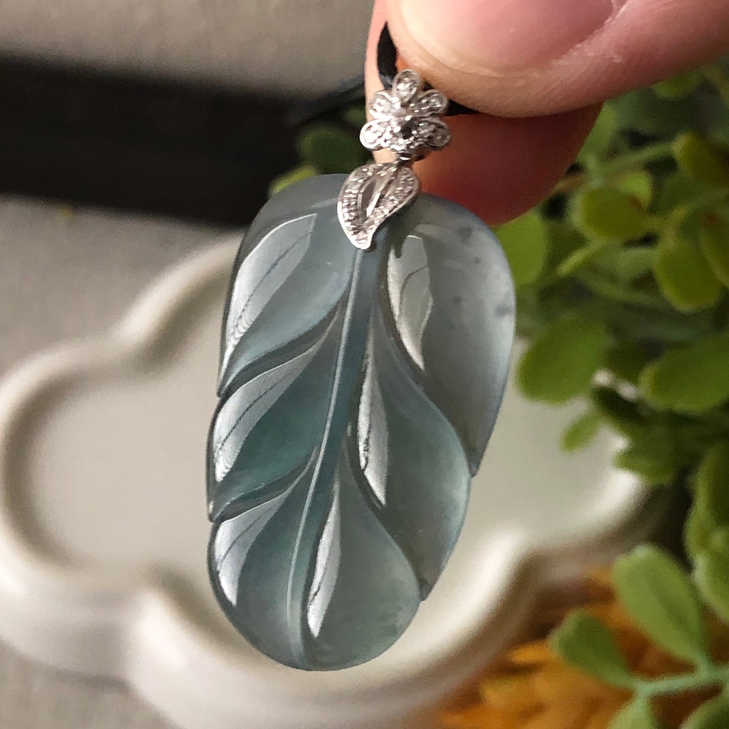 18K White Gold Blue Green Carved Leaf Jadeite Jade Pendant