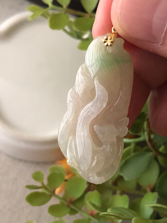 18K Yellow Gold Icy Yellow Green Carved Fox Tail Jadeite Jade Pendant