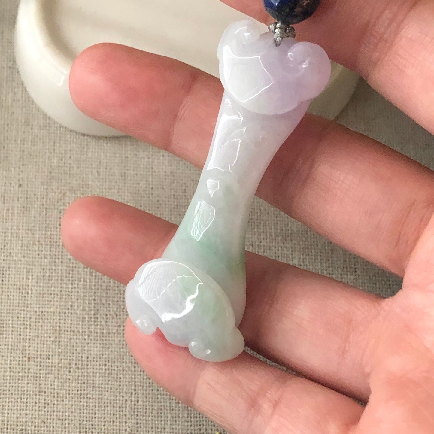 56.8 mm Icy Lavender Green Jadeite Jade Carved Duo Ruyi Pendant