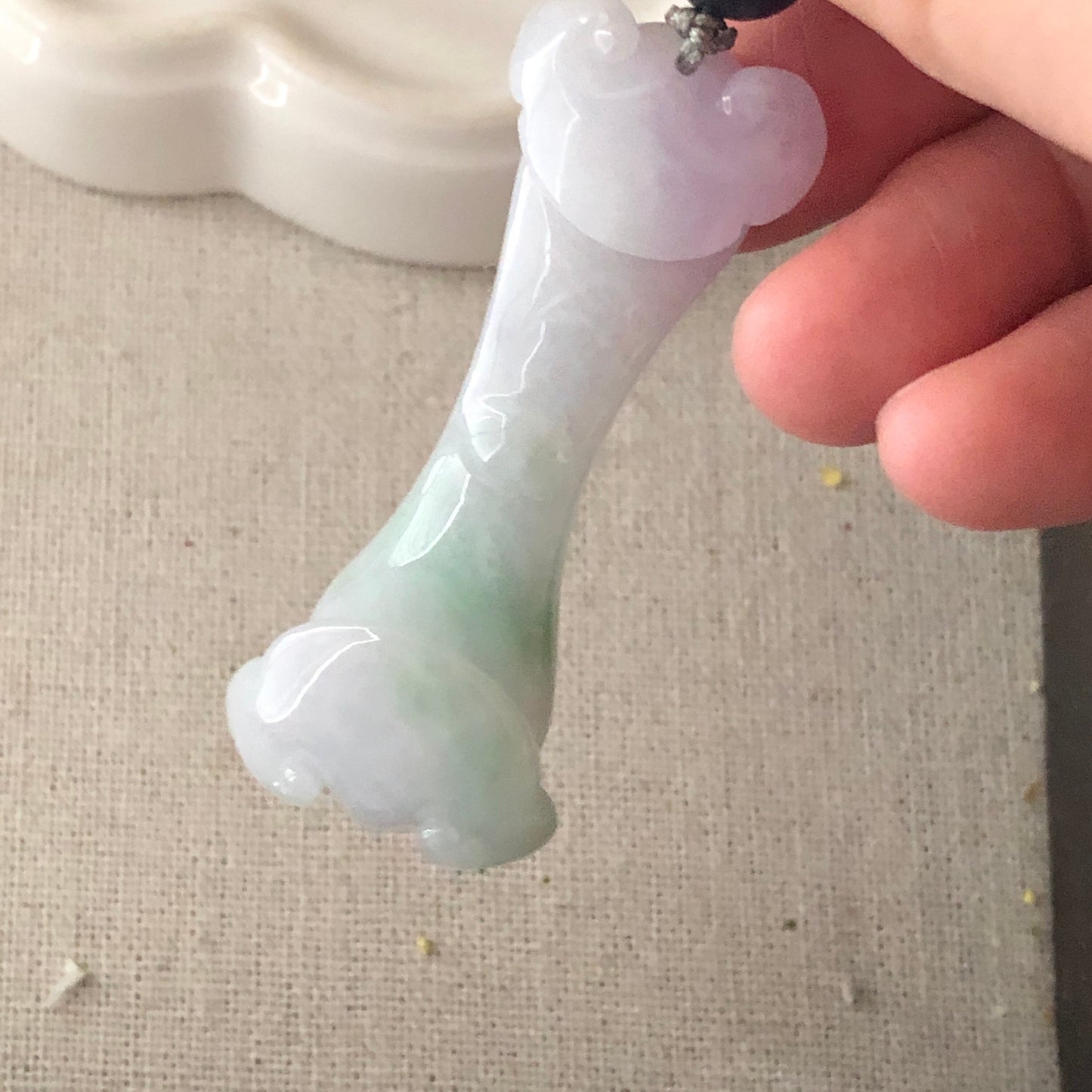 56.8 mm Icy Lavender Green Jadeite Jade Carved Duo Ruyi Pendant