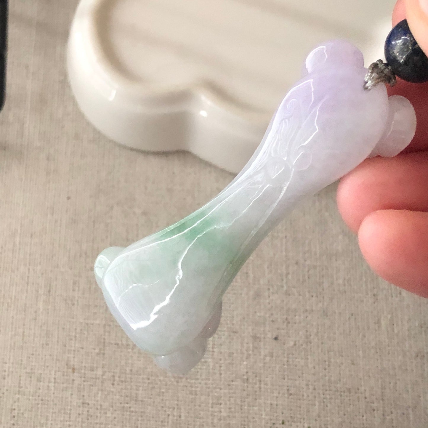 56.8 mm Icy Lavender Green Jadeite Jade Carved Duo Ruyi Pendant