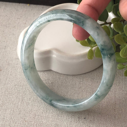 56.5mm Icy Green Float Flowers D-Shaped Jadeite Jade Bangle