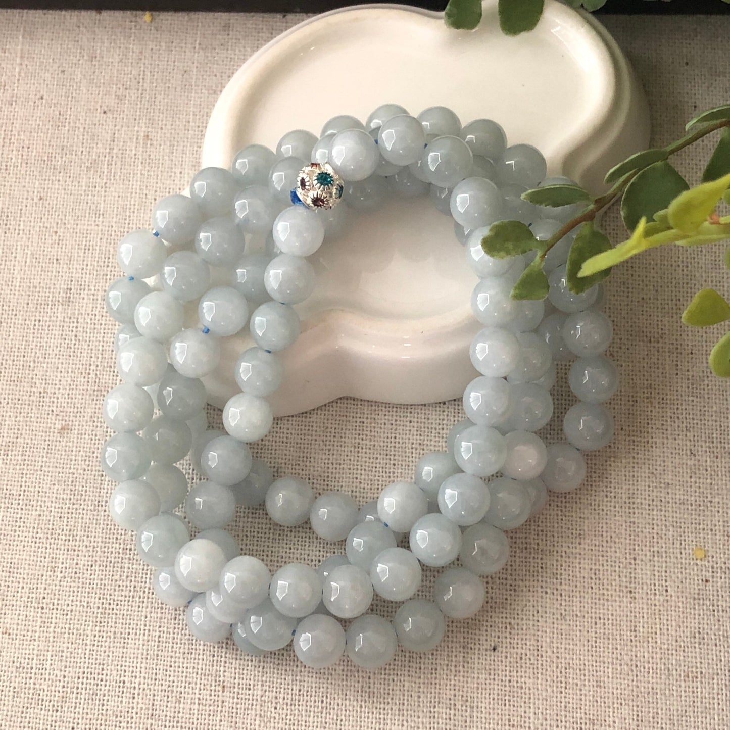 7.6mm Sky Blue Jadeite Jade Bead Bracelet Necklace