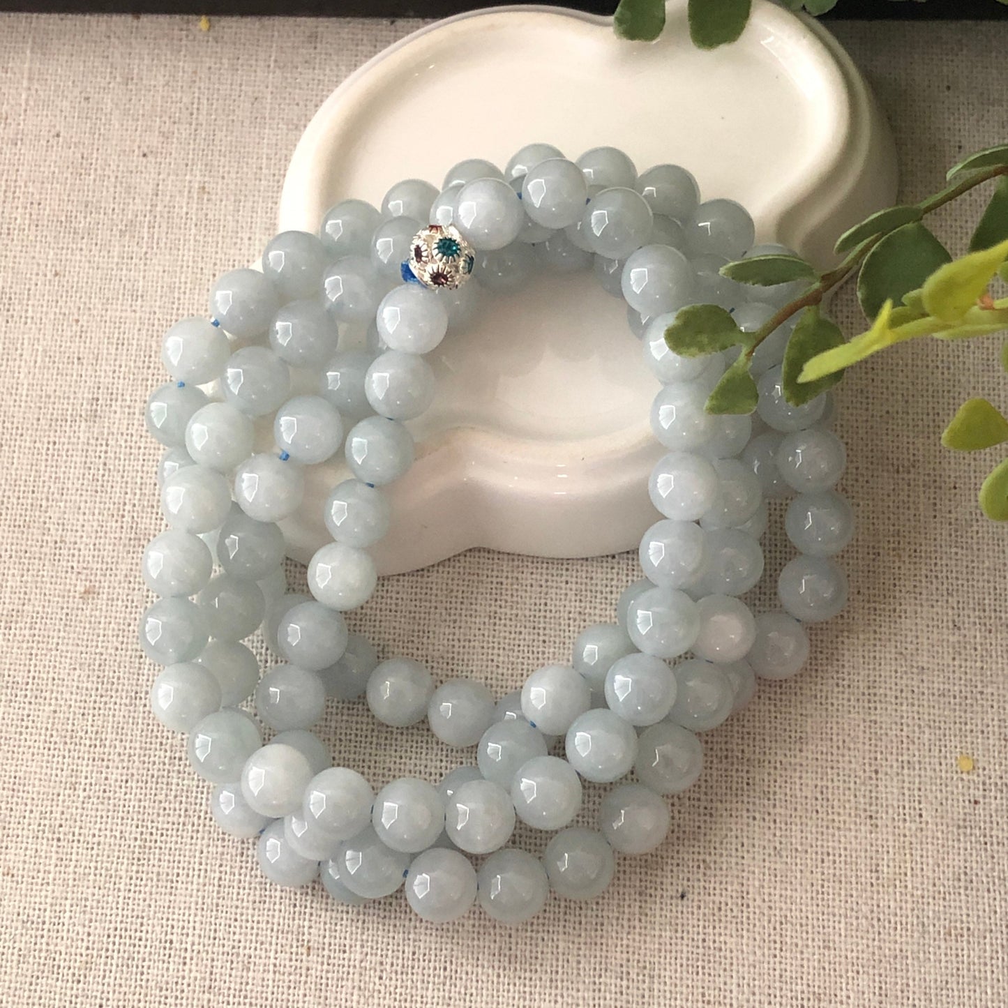 7.6mm Sky Blue Jadeite Jade Bead Bracelet Necklace