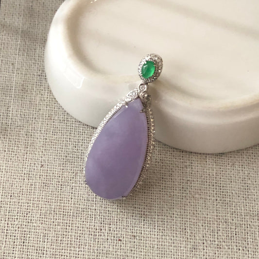 39mm Grade A  Pink Lavender Jade Jadeite Water Drop Pendant Set ON 18K White Gold