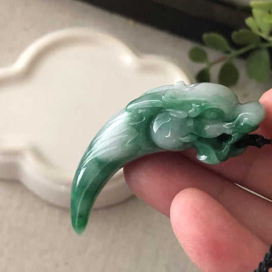 54.5 mm Icy Green Jadeite Jade Carved Dragon Tooth Pendant
