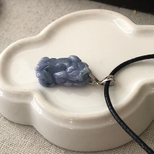 23.1mm Jadeite Jade Carved Pixiu Lavender Float Flowers Pendant Bead 925 silver Bail